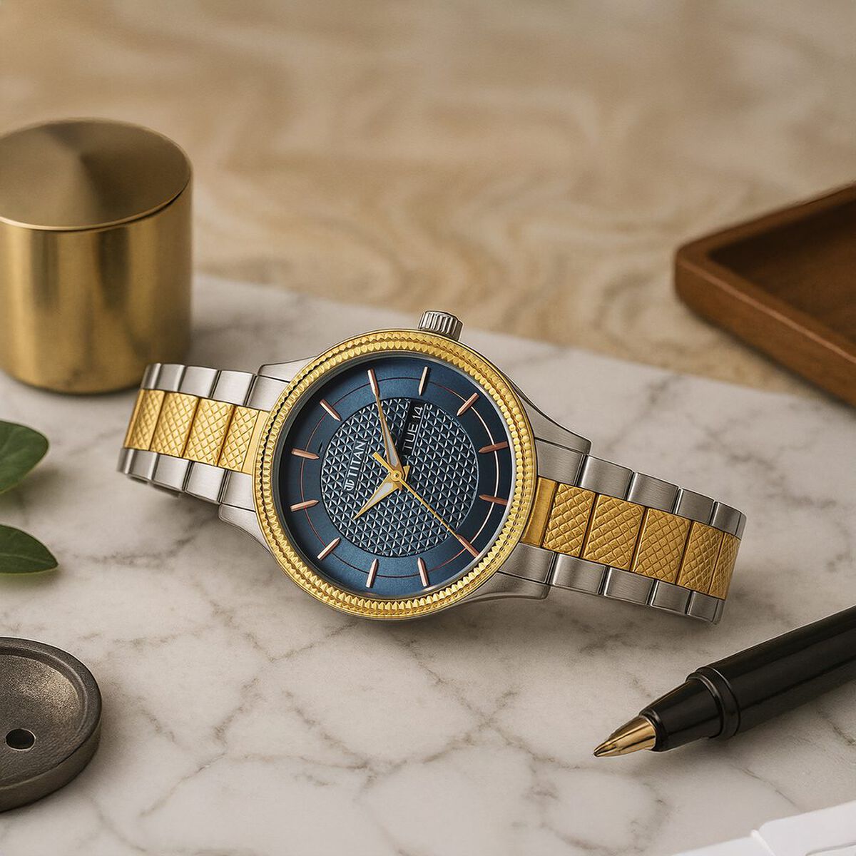 Titan Karishma Wedding Edit Quartz Analog with Day and Date Blue Dial Stainless Steel Strap Watch For Men 1