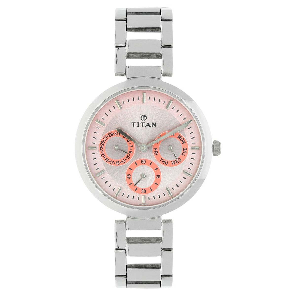 Titan Purple Quartz Multifunction Pink Dial Silver Stainless Steel Strap Watch For Women 1