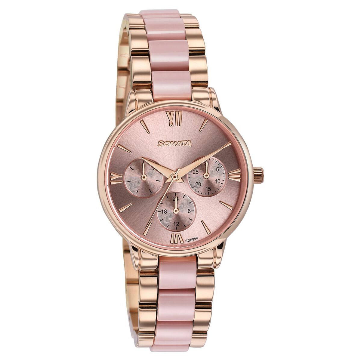 Sonata Festive Quartz Multifunction Pink Dial Two Toned Acetate And Metal Strap Watch For Women 2