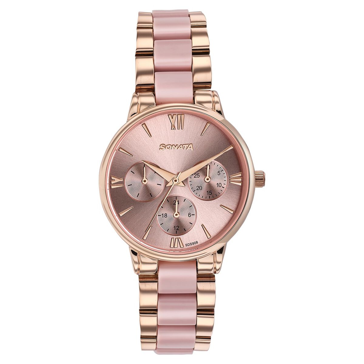 Sonata Festive Quartz Multifunction Pink Dial Two Toned Acetate And Metal Strap Watch For Women 1