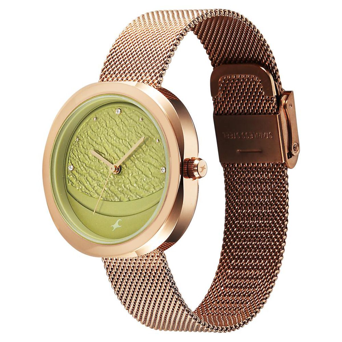 Fastrack Gelato rosegold analog mesh strap watch with Matcha green dial for Girls 5