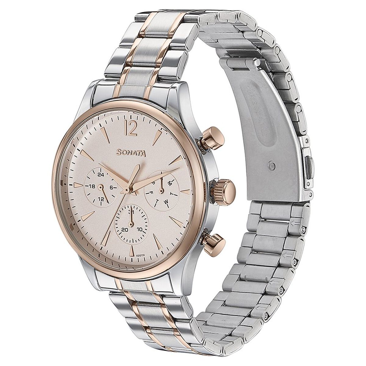 Sonata Quartz Multifunction Pink Dial Two Toned Stainless Steel Strap Watch For Men 4