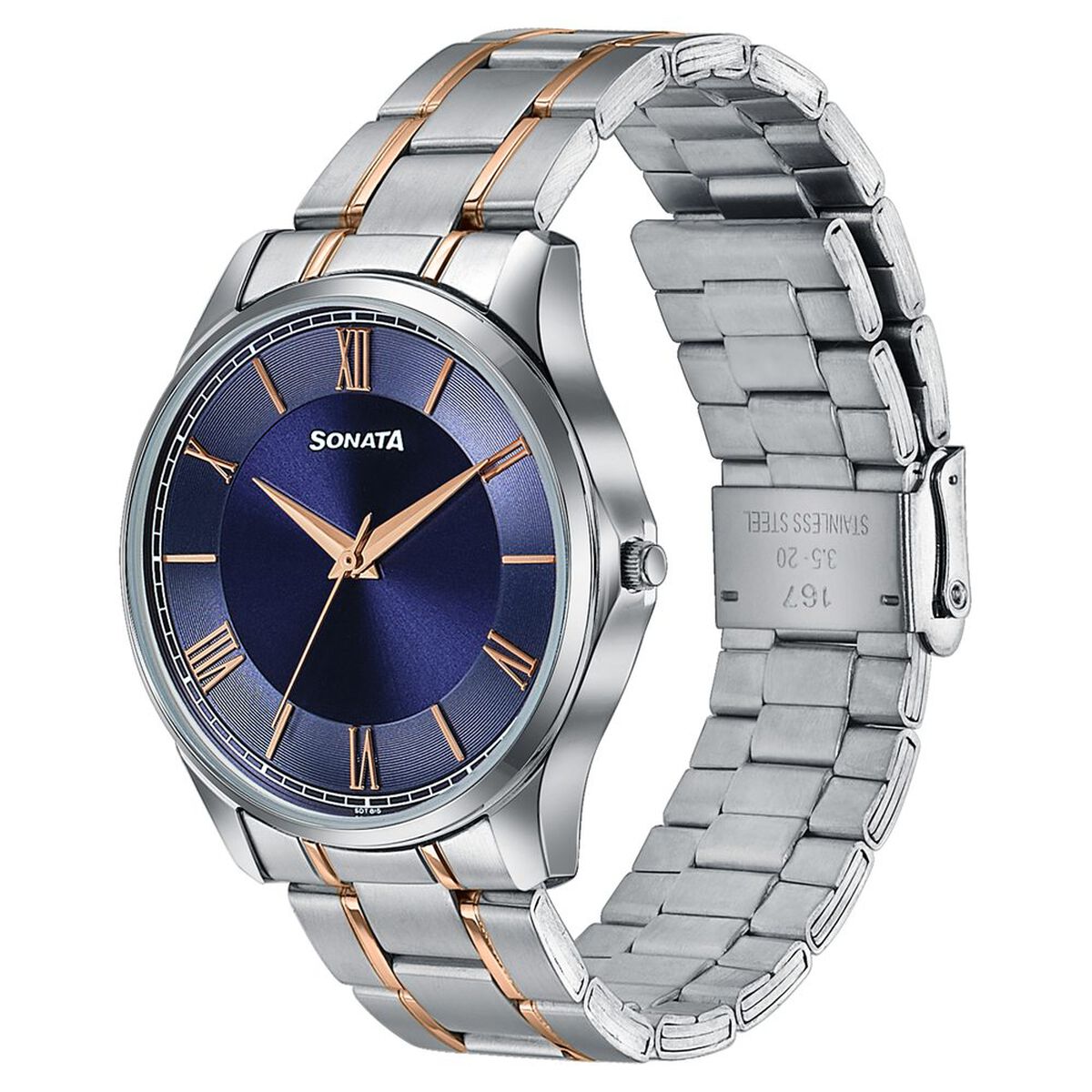 Sonata Traditional Essentials Blue Dial Silver & Rose Gold-Tone Stainless Steel Strap Watch 3
