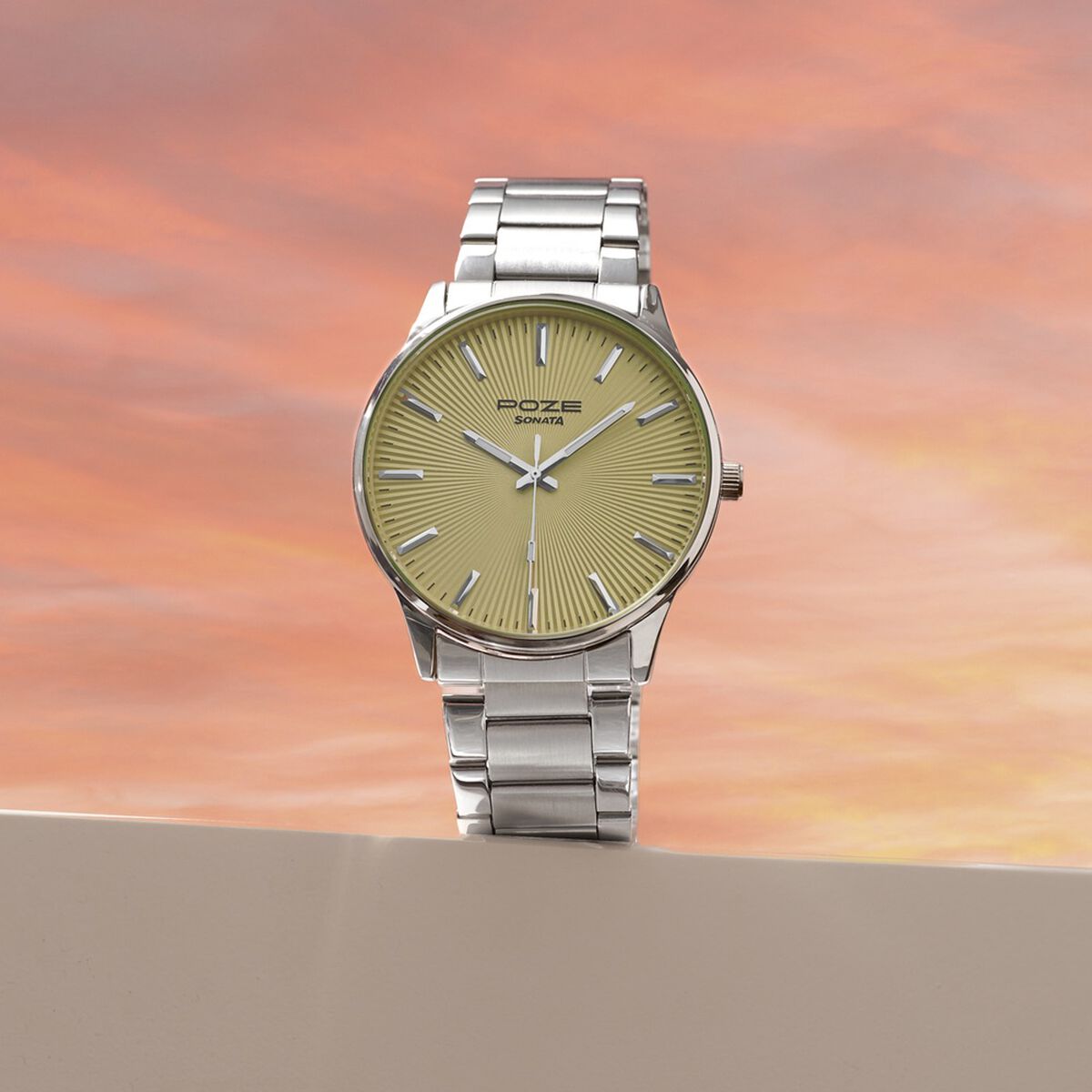 Poze By Sonata Quartz Analog Yellow Dial Silver Stainless Steel Strap Watch For Men 1