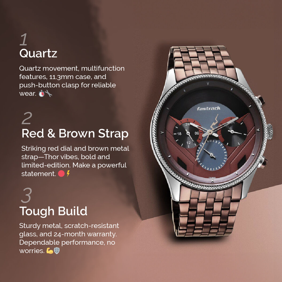 Fastrack Thor Quartz Multifunction Red Dial Metal Strap Watch for Guys 2