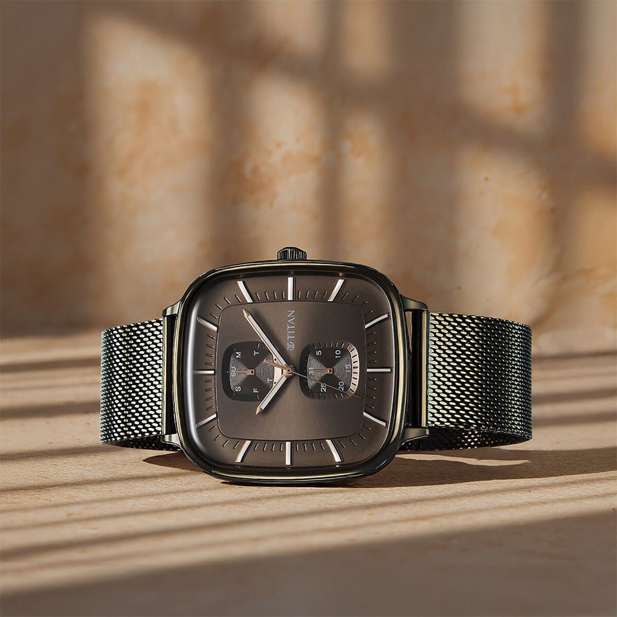 Titan Avant Garde Quartz Multifunction Brown Dial With Green Color Stainless Steel Strap Watch For Men 1