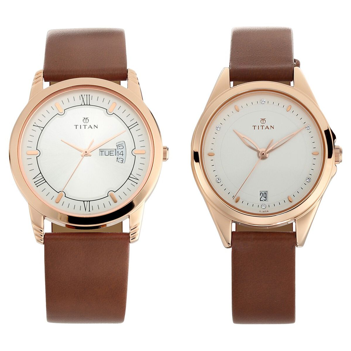 Titan Quartz Analog with Day and Date Silver Dial Leather Strap Watch for Couple 1