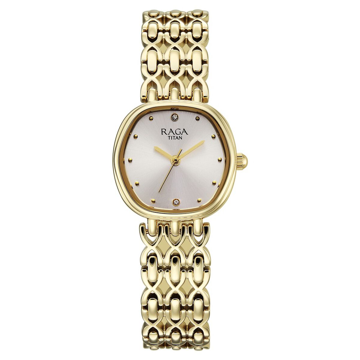 Titan Raga Spotlight Quartz Analog White Dial Golden Metal Strap Watch For Women 1