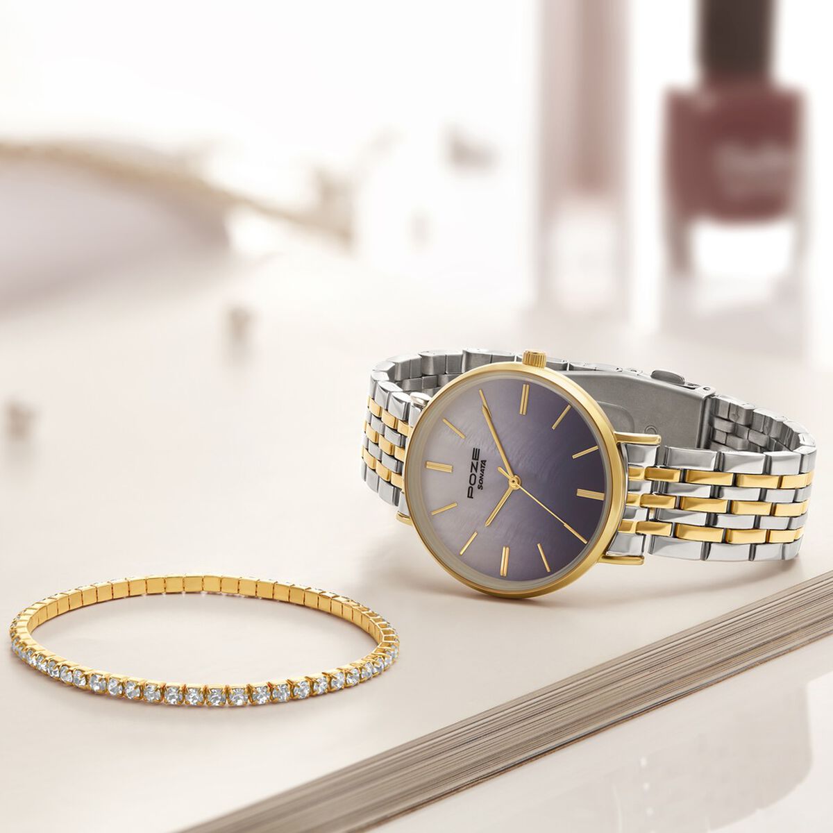Sonata Poze Quartz Analog Blue Mother Of Pearl Dial Two Toned Color Stainless Steel Strap Watch For Women 1