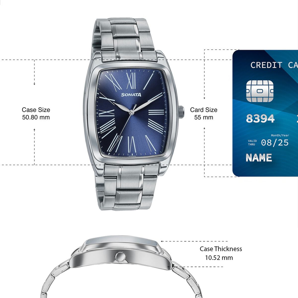 Sonata Ascent Blue Tonneau Watch with Metal Bracelet 4