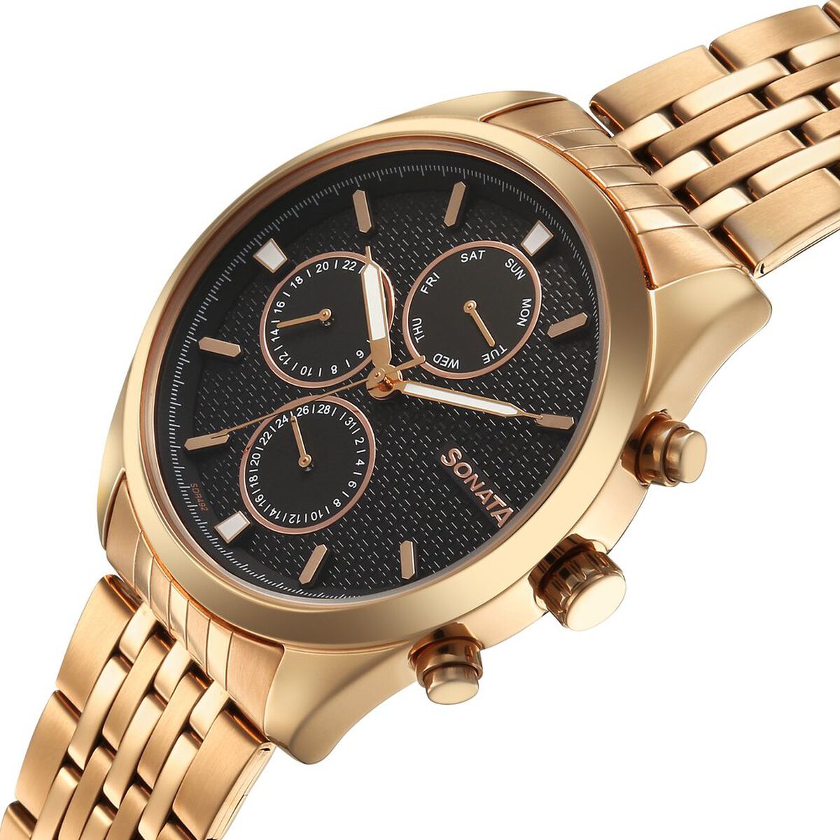 Sonata Magna Quartz Multifunction Black Dial Rose Gold Stainless Steel Strap Watch For Men 5