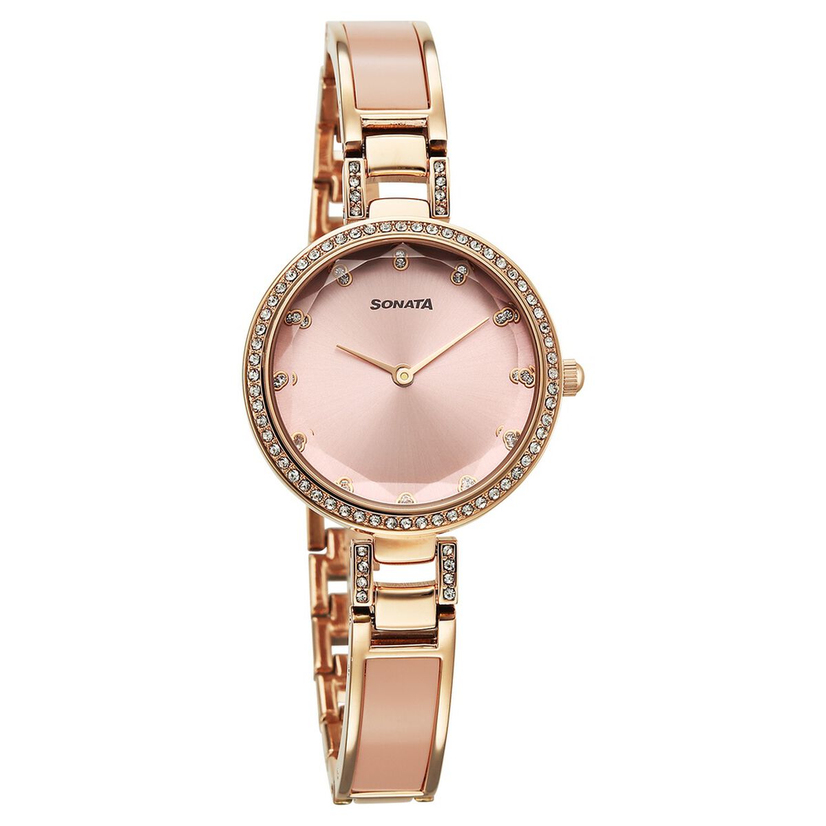 Sonata Aura Quartz Analog Pink Dial Rose Gold Stainless Steel Strap Watch For Women 1
