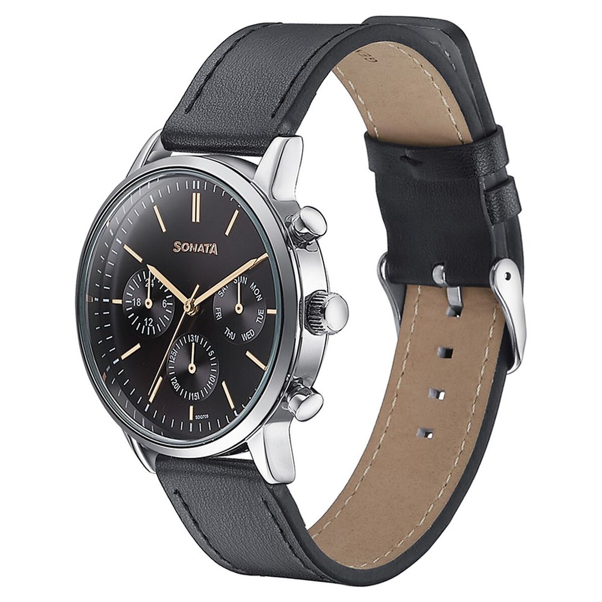 Sonata Quartz Multifunction Black Dial Black Leather Strap Watch For Men 4