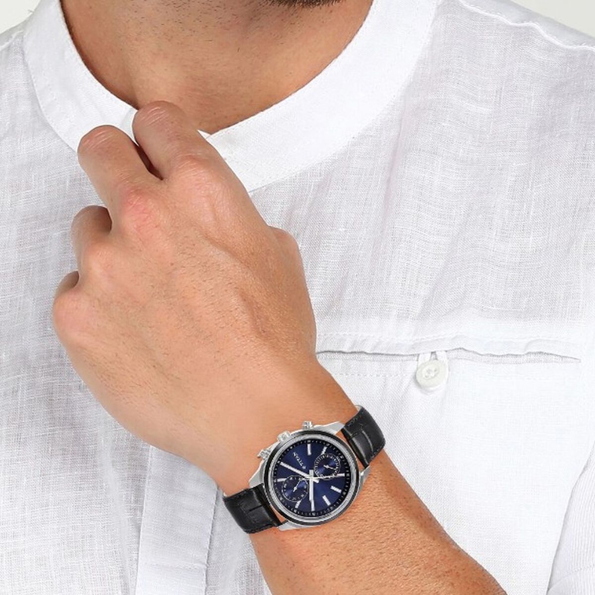 Titan Men's Midnight Precision: Multifunction Blue Dial with Classic Leather Strap Watch 3