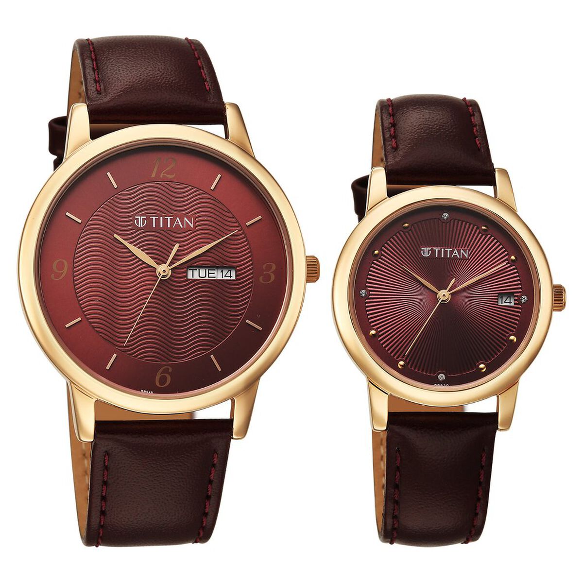 Titan Bandhan Eternal Pair Analog with Date and Maroon Dial Maroon Leather Strap Watch for Couples 2
