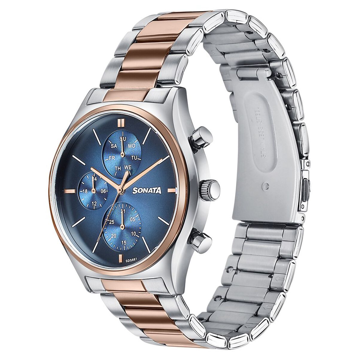 Sonata Festive Quartz Multifunction Blue Dial Two Toned Metal Strap Watch For Men 3