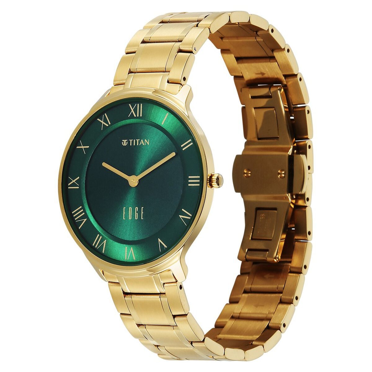 Titan Edge Gleam Quartz Analog Green Dial Golden Stainless Steel Strap Watch For Men 3