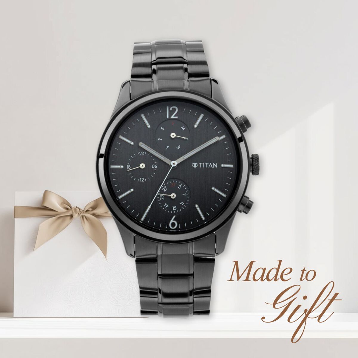 Titan Workwear Multifunction Black Dial Black Metal Strap Watch For Men 1