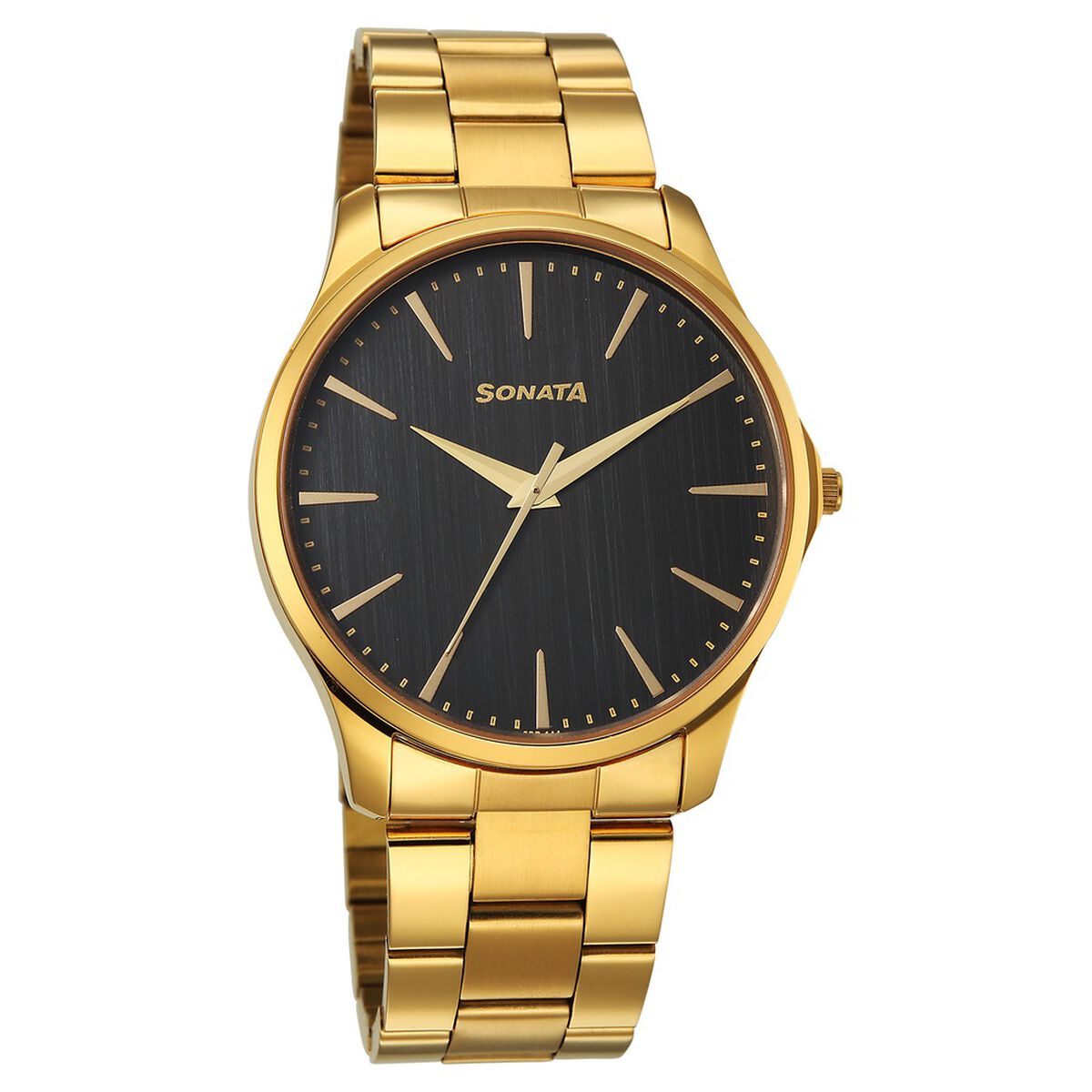 Sonata Traditional Essentials Quartz Analog Black Dial Golden Metal Strap Watch For Men 1