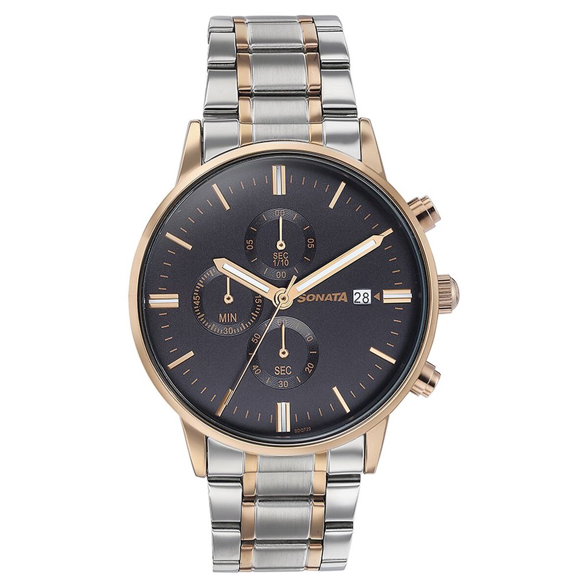 Sonata Quartz Multifunction Black Dial Two Toned Stainless Steel Strap Watch For Men 2