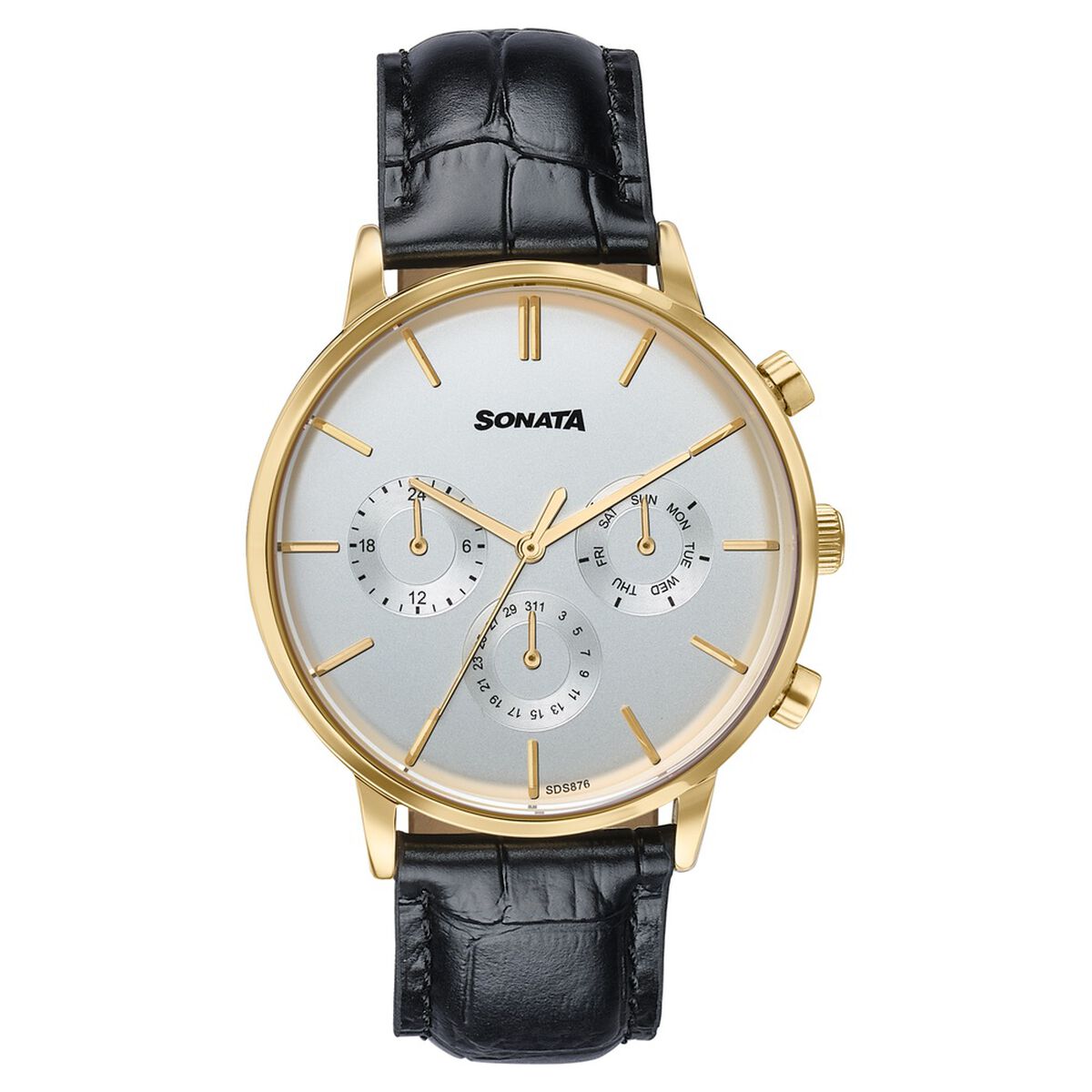 Sonata Festive Quartz Multifunction Two Toned Dial Black Leather Strap Watch For Men 1