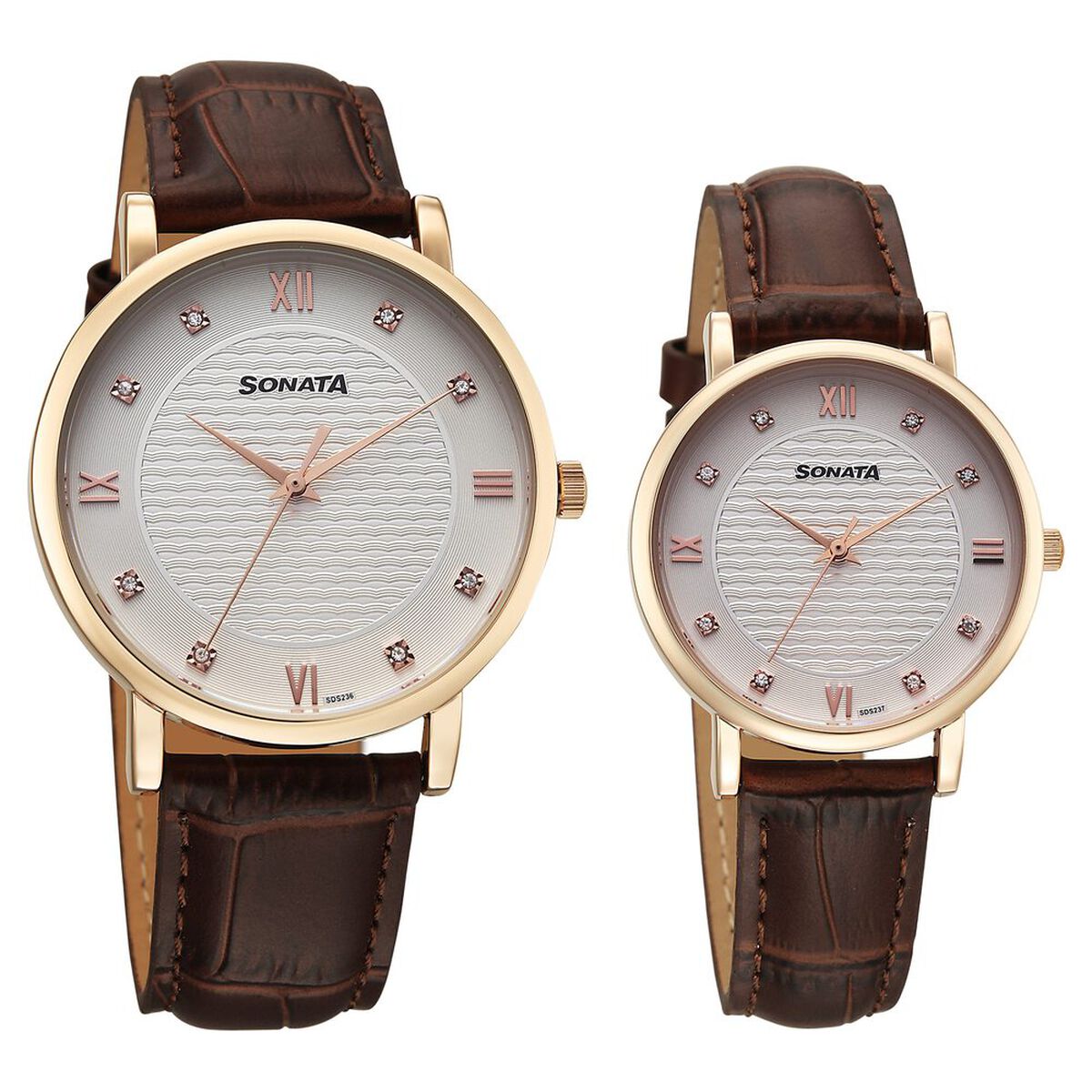 Sonata Perfect Pairs Quartz Analog White Dial Brown Leather Strap Watch For Couple 1