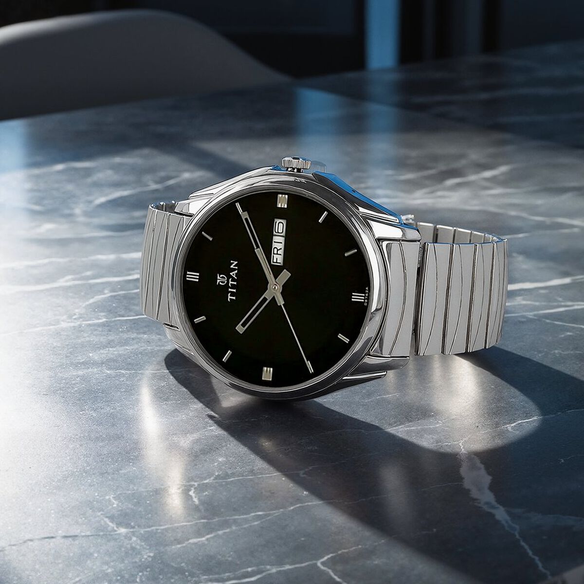 Titan Quartz Analog with Day and Date Black Dial Stainless Steel Strap Watch for Men - 38 mm Case Size - Medium Dial 1