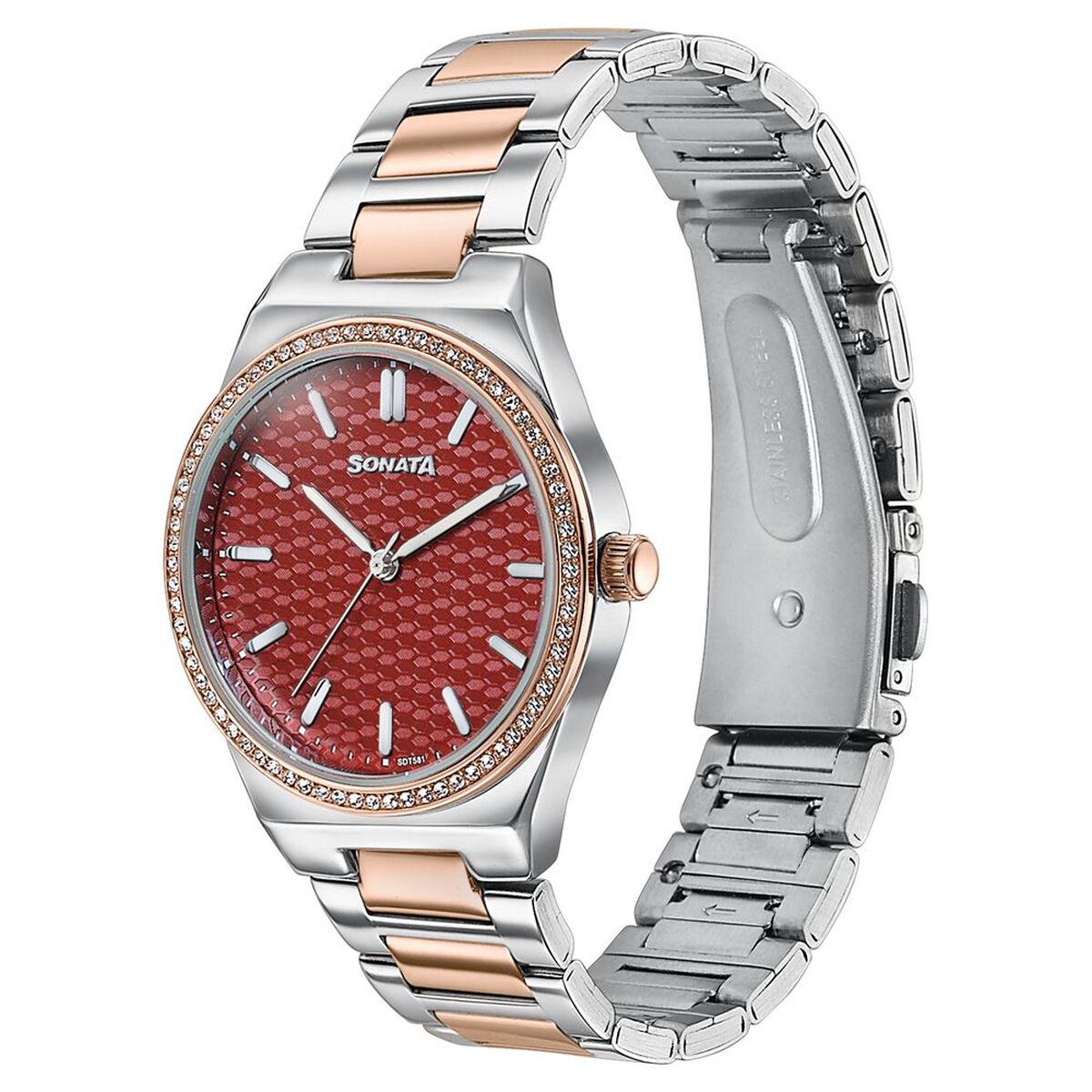 Sonata Jashn Quartz Analog Maroon Dial Two Toned Metal Strap Watch For Women 3