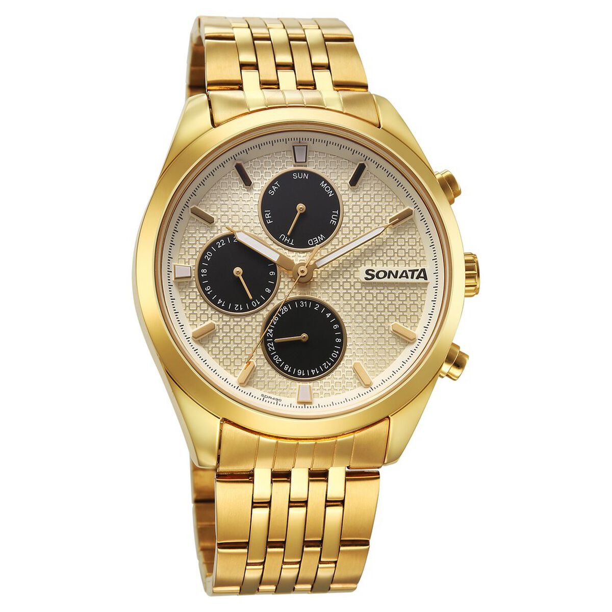 Sonata Magna Quartz Multifunction Champagne Dial Golden Stainless Steel Strap Watch For Men 1