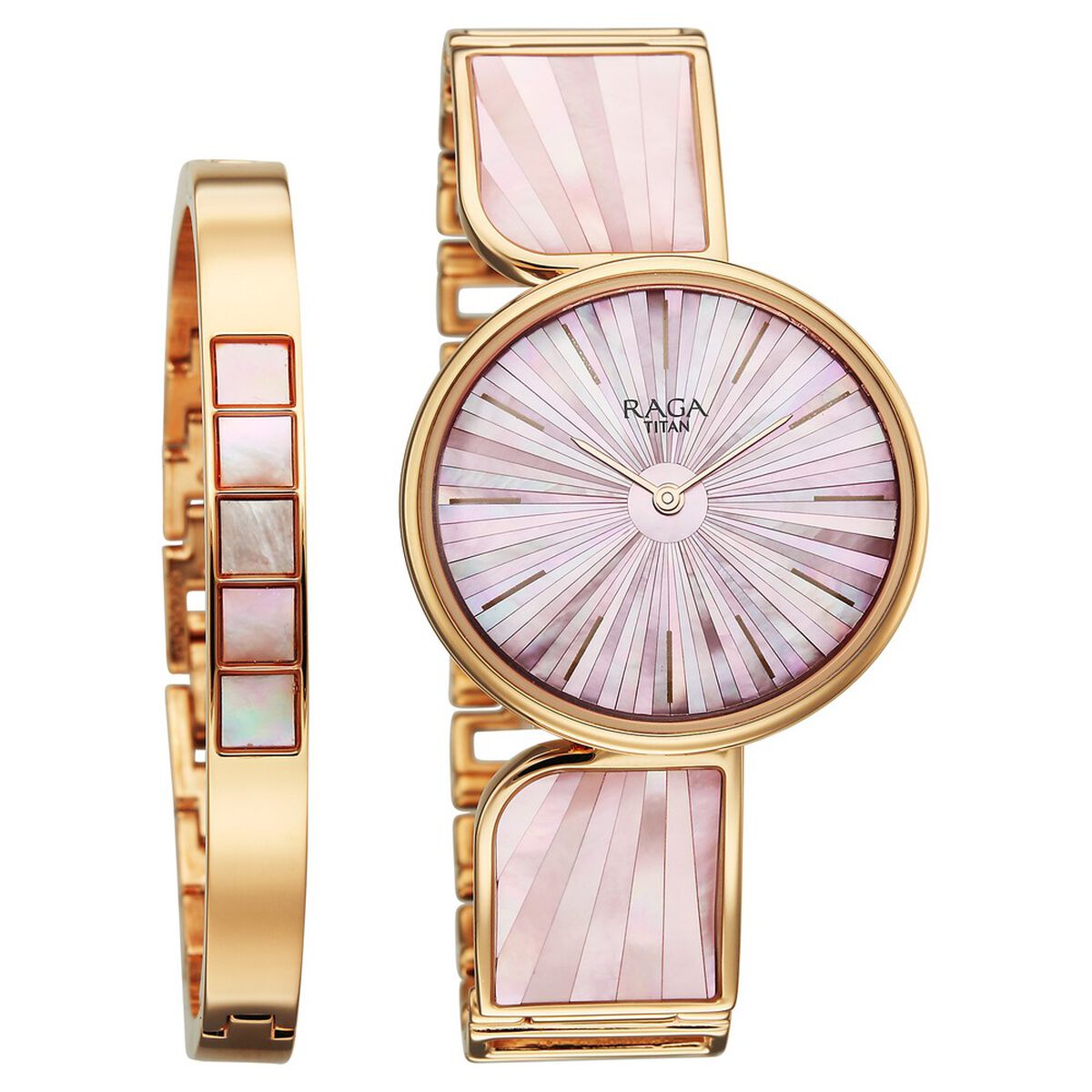 Titan Raga Power Pearls Quartz Analog Mother of Pearl Dial Rose Gold Metal Strap Watch For Women 1