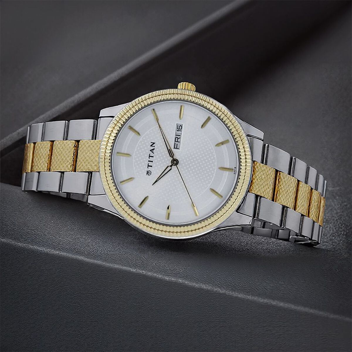 Titan Quartz Analog with Day and Date Silver Dial Two Toned Stainless Steel Strap Watch For Men 1