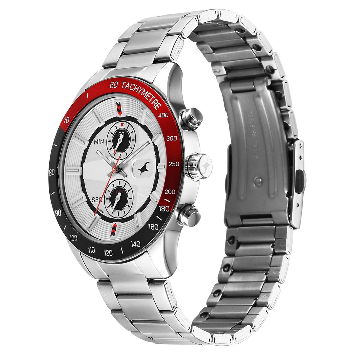 Fastrack Overdrive Quartz Chronograph Tachymeter White Dial Silver Stainless Steel Strap Watch For Guys 3