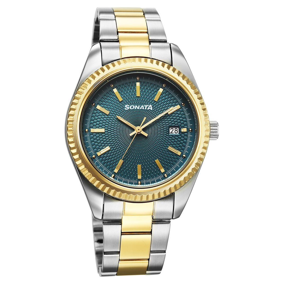 Sonata Festive Quartz Analog with Date Teal Dial Metal Strap Watch For Men 1