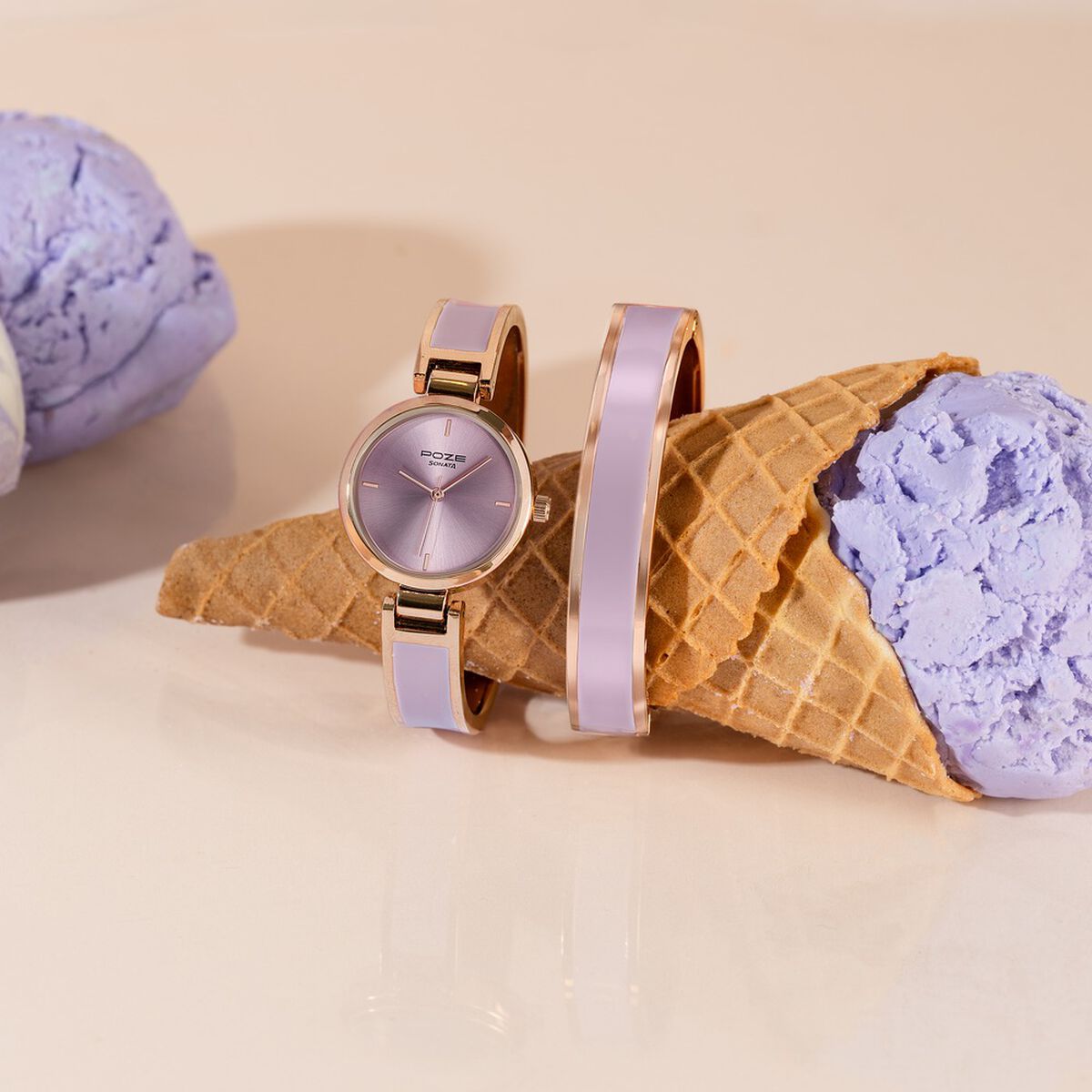 Sonata Poze Quartz Analog Purple Dial Two Toned Kada Strap Watch For Women 1