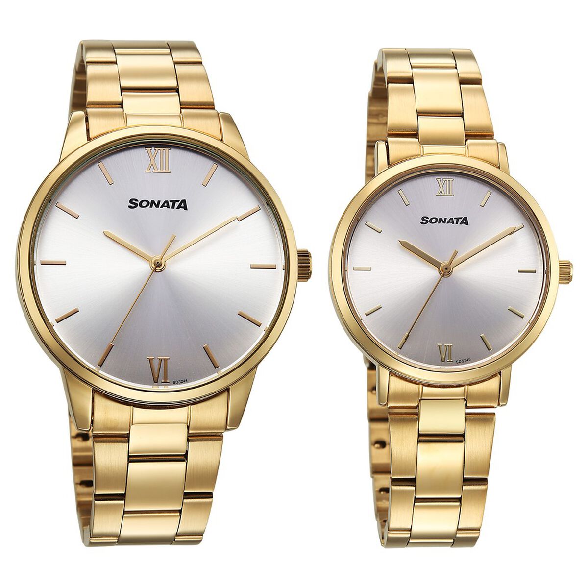 Sonata Perfect Pairs Quartz Analog Silver Dial Golden Metal Strap Watch For Couple 1