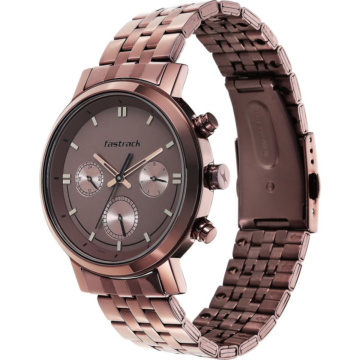 Fastrack Tick Tock Quartz Multifunction Brown Dial Metal Strap Watch for Guys 4