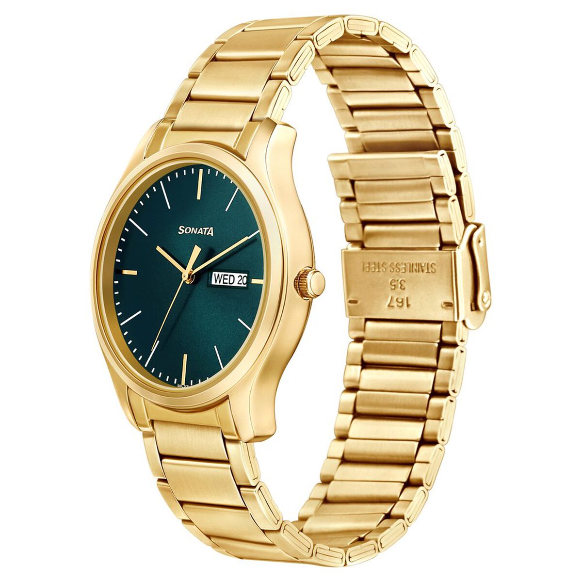 Sonata Quartz Analog with Day and Date Green Dial Stainless Steel Strap Watch for Men 2