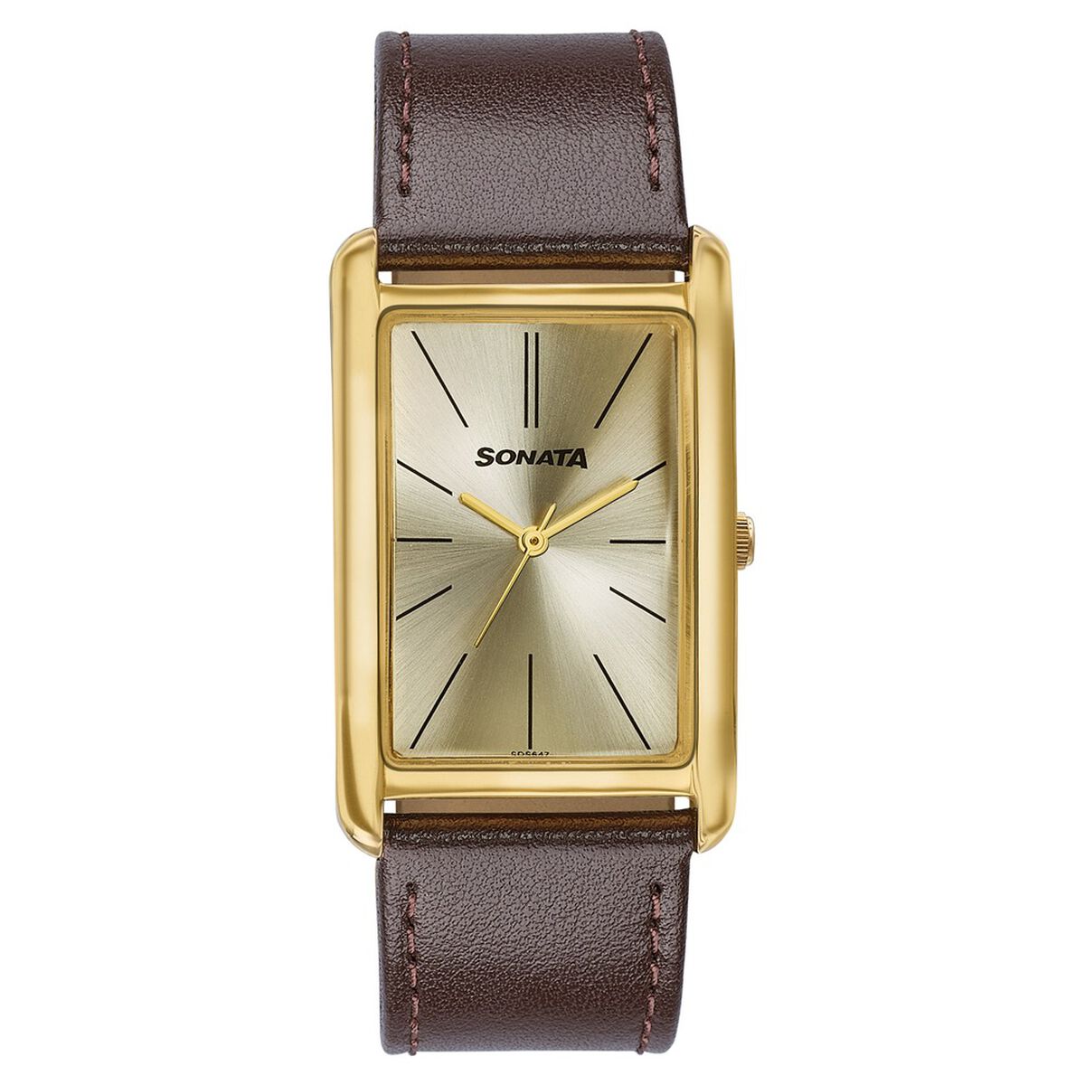 Sonata Ascent Gold Rectangular Watch with Brown Leather 1