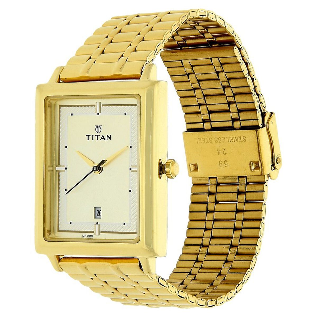 Titan Quartz Analog with Date Champagne Dial Golden Stainless Steel Strap Rectangular Shaped Watch For Men 4