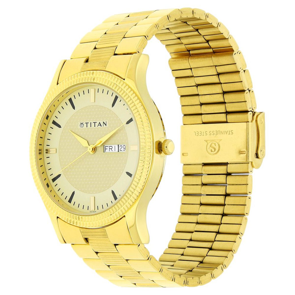Titan Quartz Analog with Day and Date Golden Dial Stainless Steel Strap Watch for Men 2