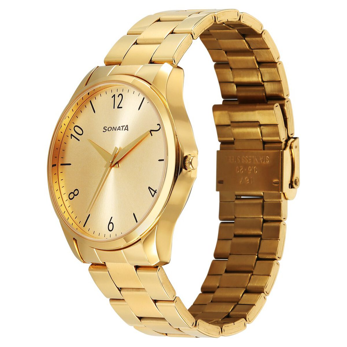 Sonata Traditional Essentials Quartz Analog Champagne Dial Golden Metal Strap Watch For Men 2