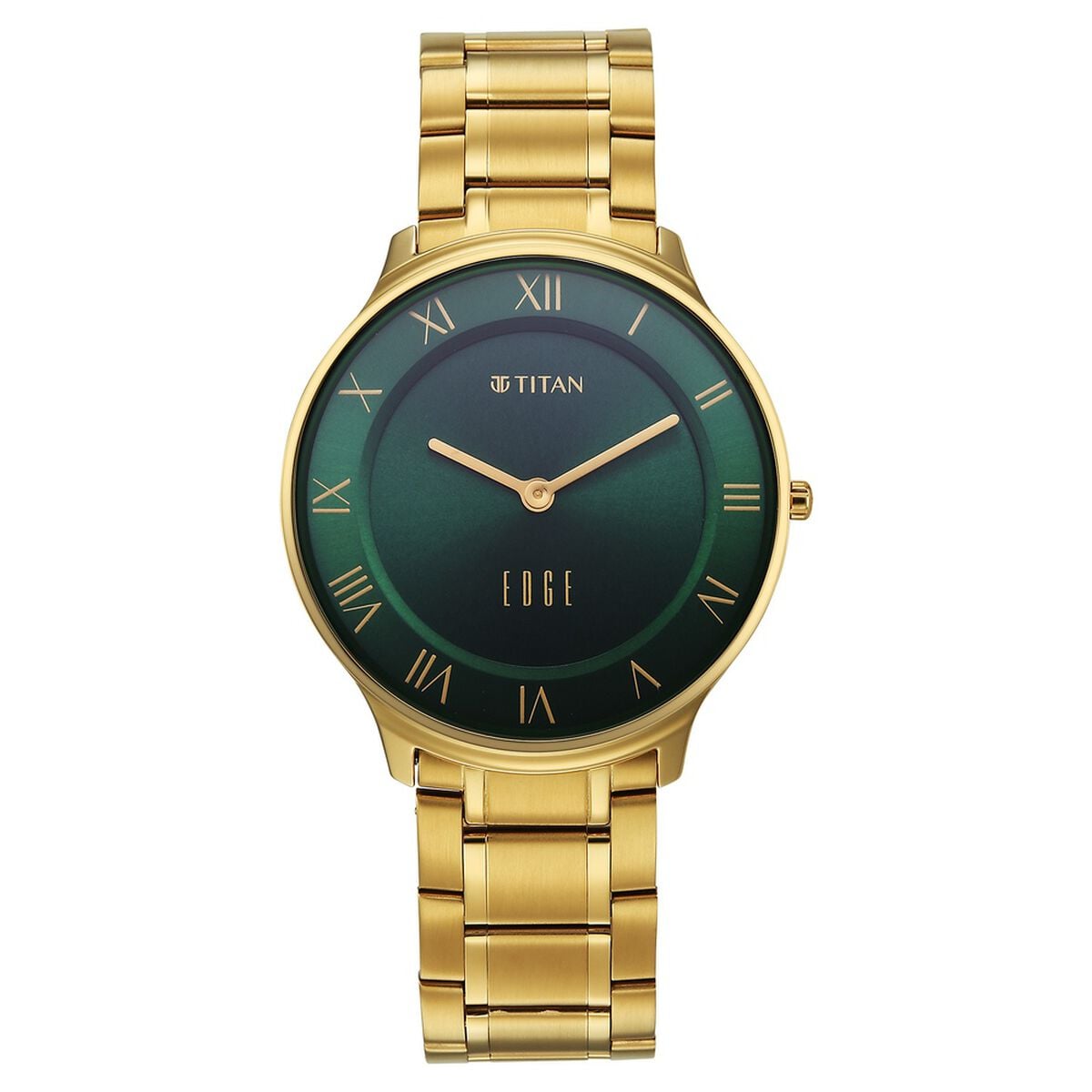 Titan Edge Gleam Quartz Analog Green Dial Golden Stainless Steel Strap Watch For Men 1
