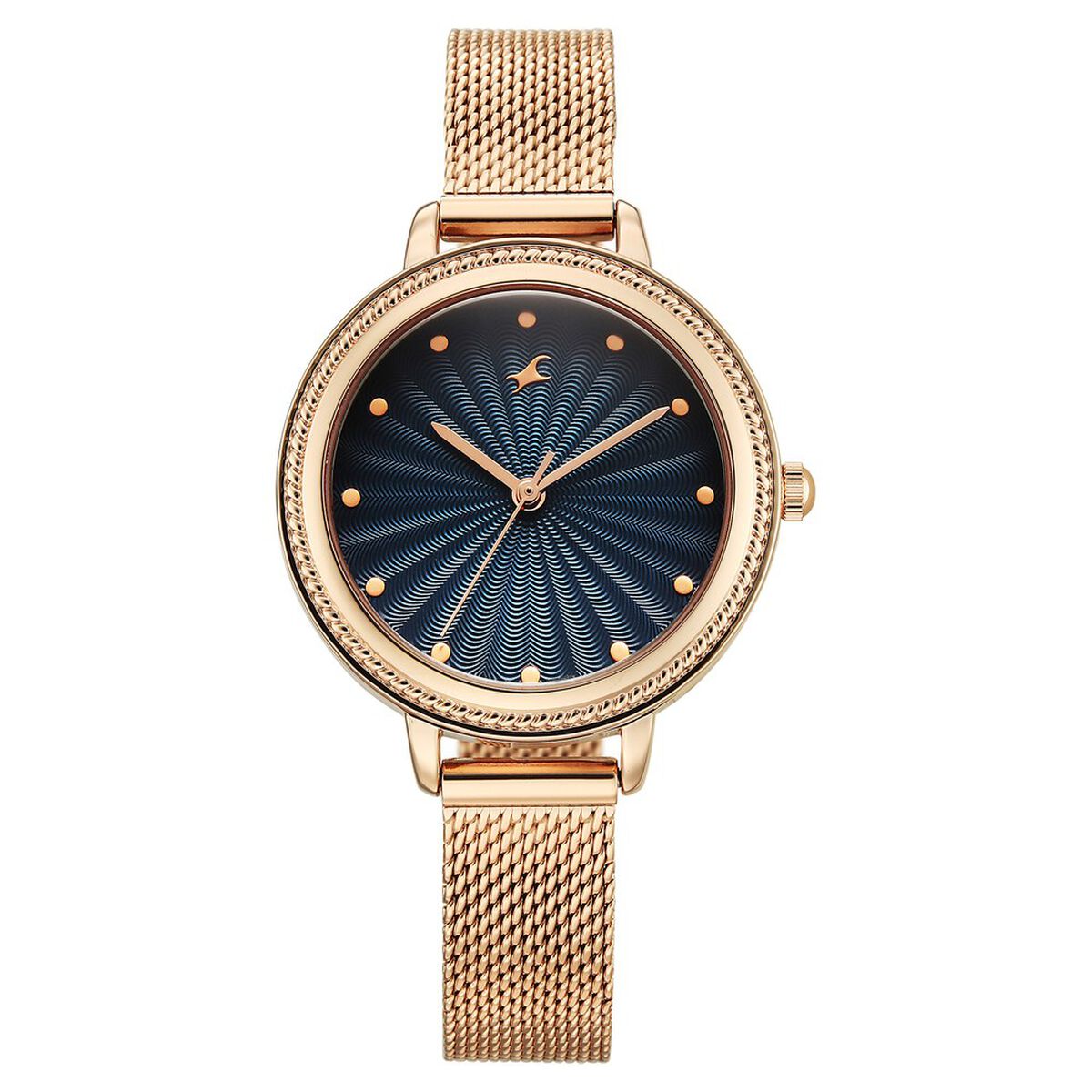 Fastrack Stunners Quartz Analog Blue Dial Rose Gold Stainless Steel Strap Watch For Girls 1