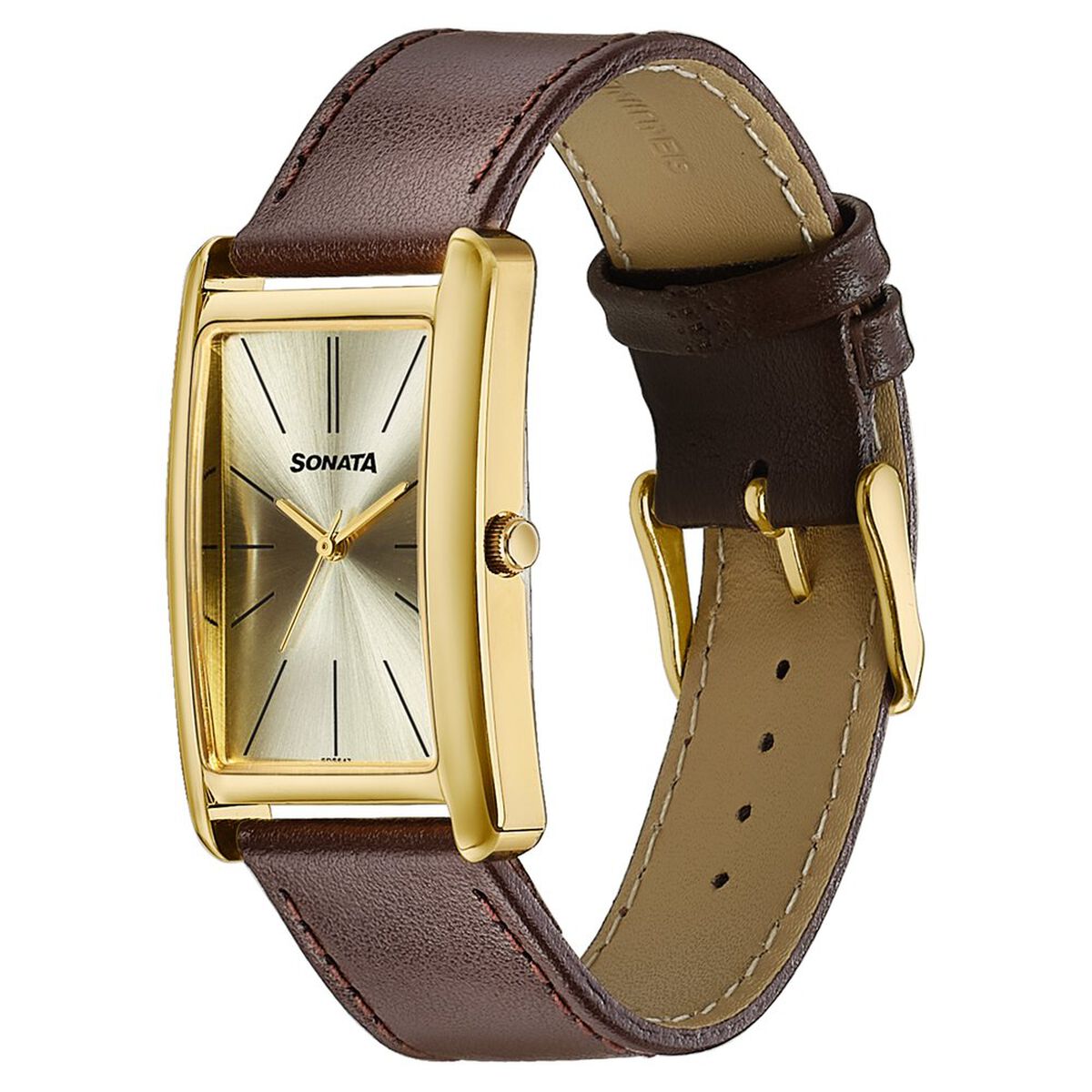 Sonata Ascent Gold Rectangular Watch with Brown Leather 3