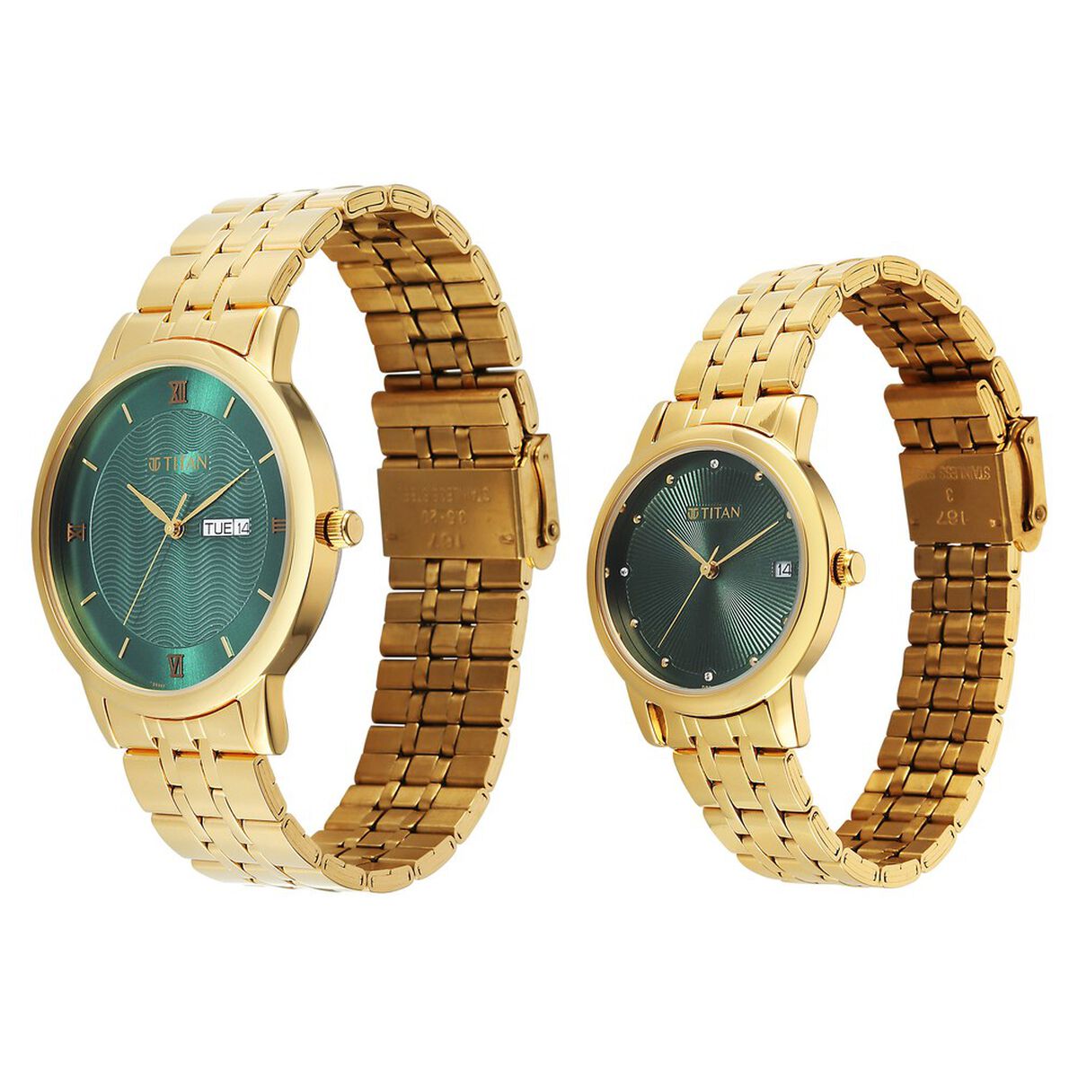 Titan Bandhan Eternal Pair Analog with Date and Green Dial Yellow Gold Stainless Steel Strap Watch for Couples 3