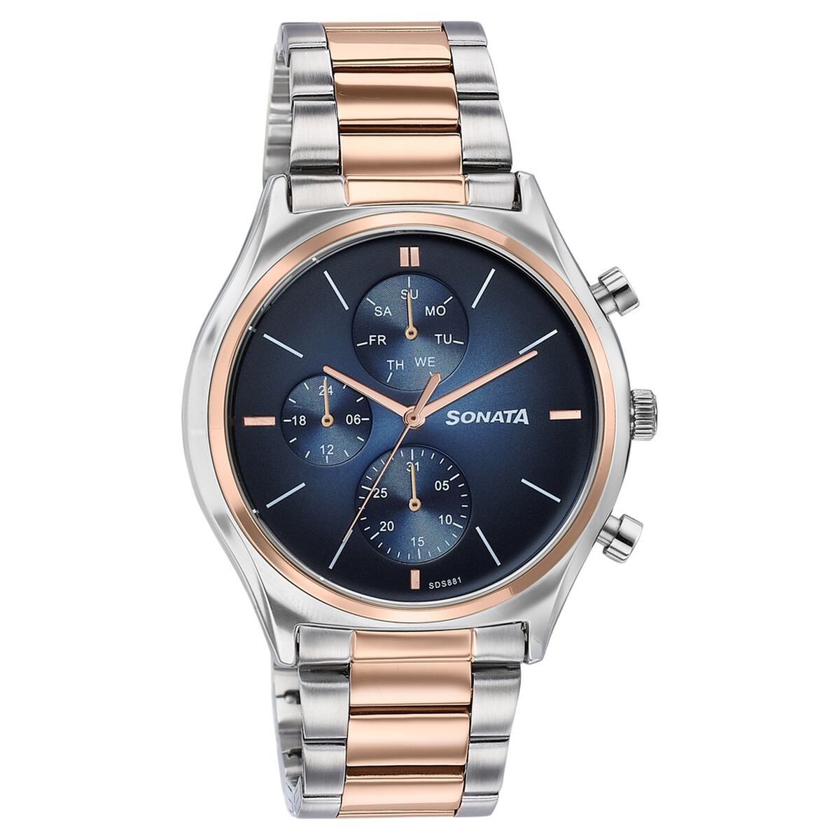 Sonata Festive Quartz Multifunction Blue Dial Two Toned Metal Strap Watch For Men 2