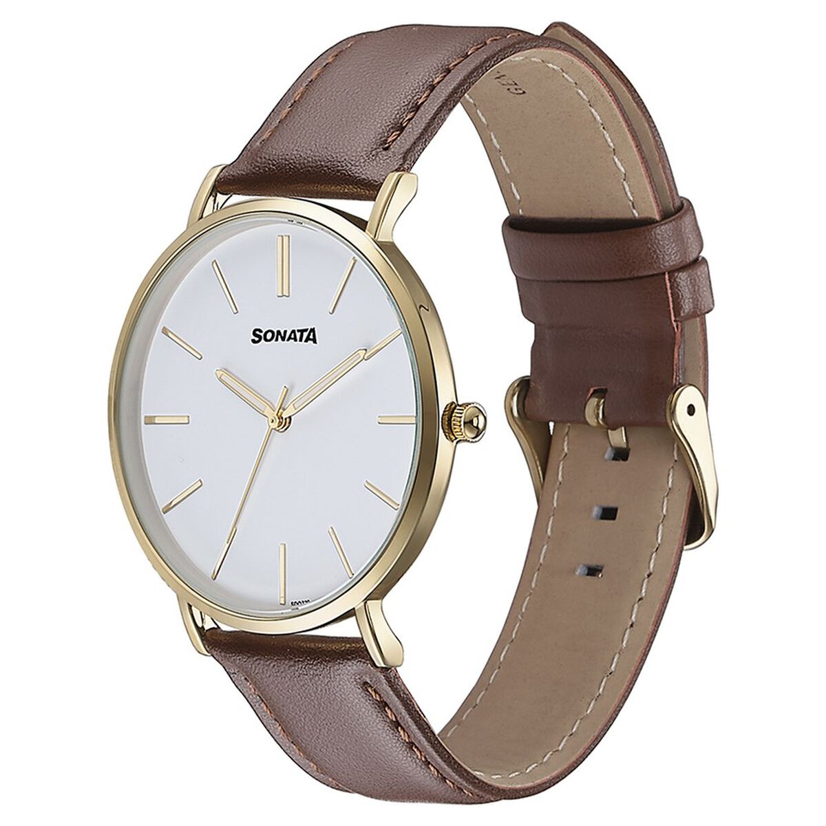 Sonata Quartz Analog White Dial Brown Leather Strap Watch For Men 4