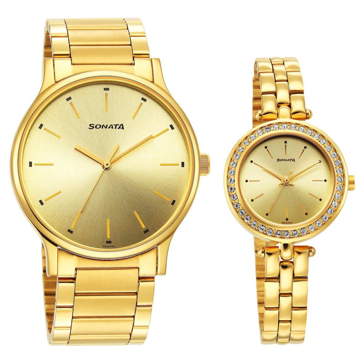 Sonata Quartz Analog Champagne Dial Stainless Steel Strap Watch for Couple 1
