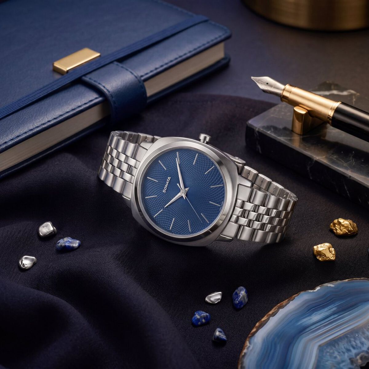 Sonata Vector Blue Textured Dial Silver-Tone Bracelet Watch for Men 1
