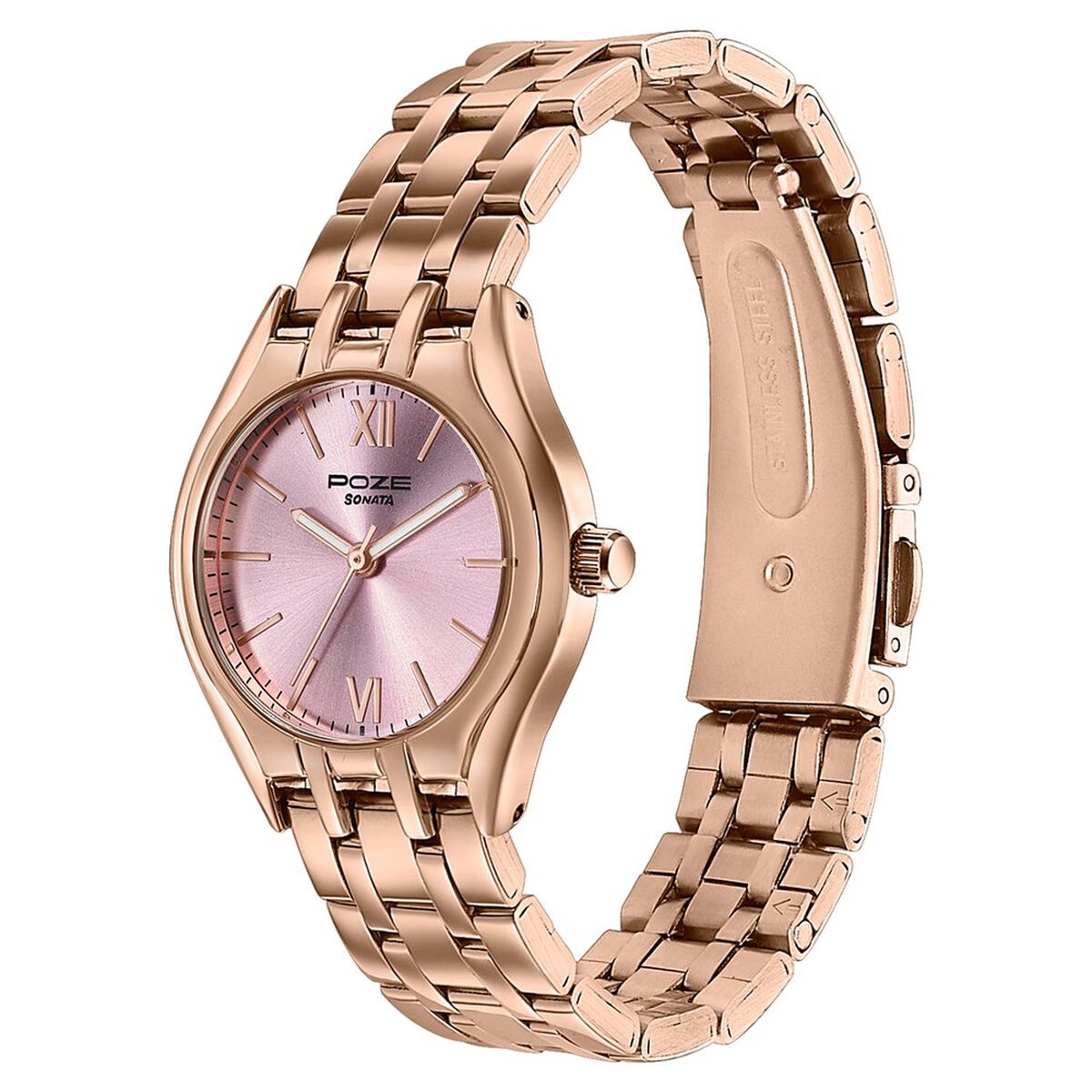 Poze By Sonata Quartz Analog Pink Dial Rose Gold Metal Strap Watch For Women 5